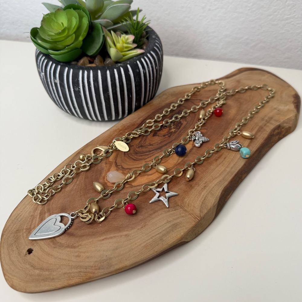 Chico's Charm Necklace Women Gold Multi-Strand Mixed Metal Whimsical OS